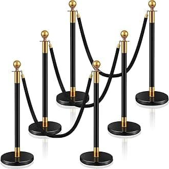 Ferraycle 6 Pcs 2025 Prom Stainless Steel Stanchion 5 ft Velvet Carpet Ropes and Pole Crowd Control Barriers Grand Opening Casino Movie Theme Party 360 Photo Booth Accessories (Black and Gold)