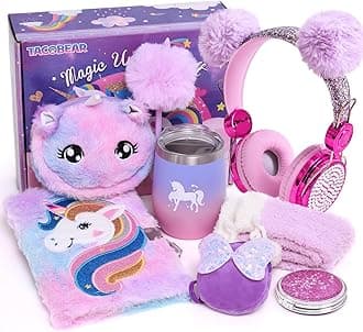 Unicorn Gifts for Girls 6 7 8 9 10 11 12 Years Old with 3.5mm Wired Headphones Locked Notebook Plush Bag Purse Socks Mirror Water Bottle Kids Unicorn Toys Christmas Birthday Gift for Teen Age 6+